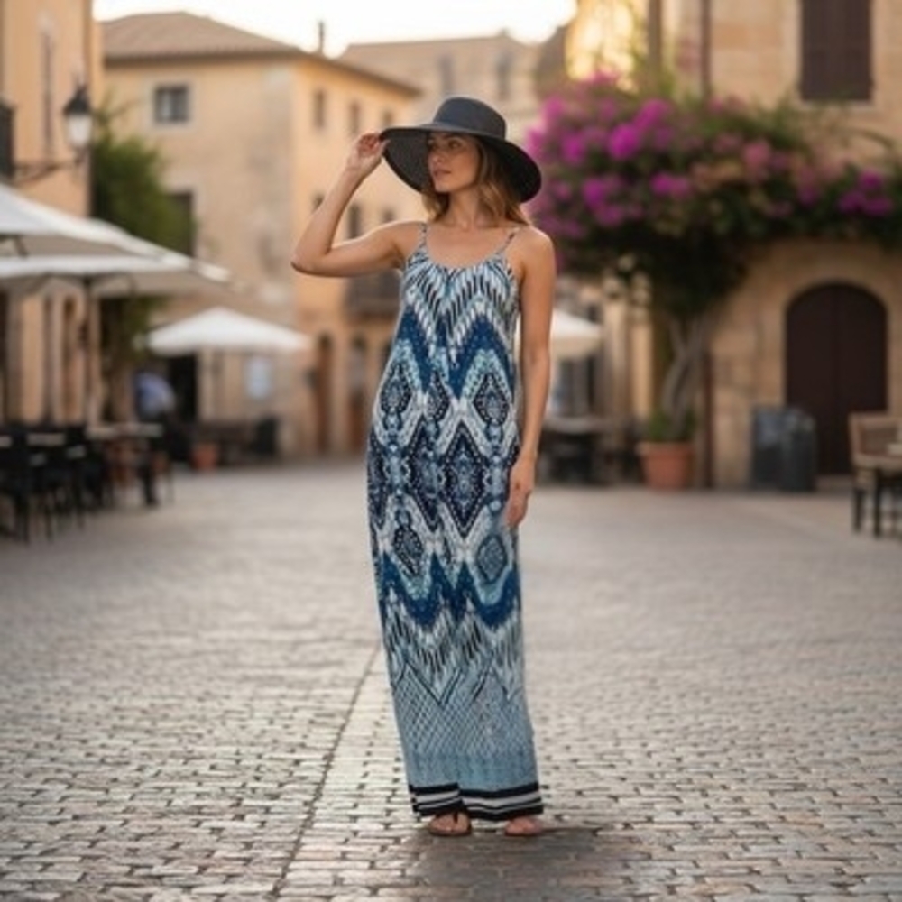 Enfocus Studio Women Maxi Dress 6 Emerald Print Blue Green White Boho Sleeveless - Picture 3 of 13